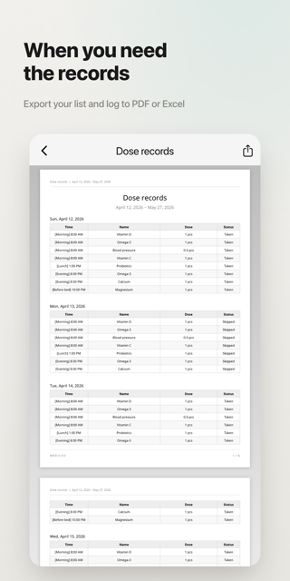 Exporting dose records to PDF or Excel